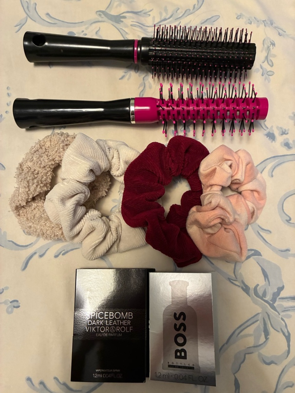 Revlon Hot Pink and Black Round Hair Brushes with Assorted Scrunchies